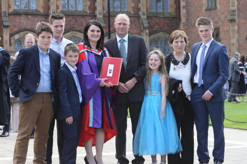 The Rice family from Attical celebrate mum Annes graduation at Queens University. Anne received a PhD from Queens School of Planning, Architecture and Civil Engineering. Helping her celebrate are sons John, James, Stephen, husband Michael, daughter Eilish, Annes mother Eileen McAleenan and son Michael. 
Photo/Paul McErlane