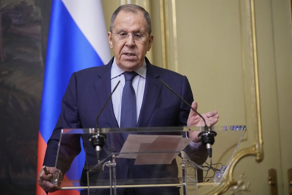 Russian Foreign Minister Sergei Lavrov speaking during a news conference (Pavel Bednyakov/AP)