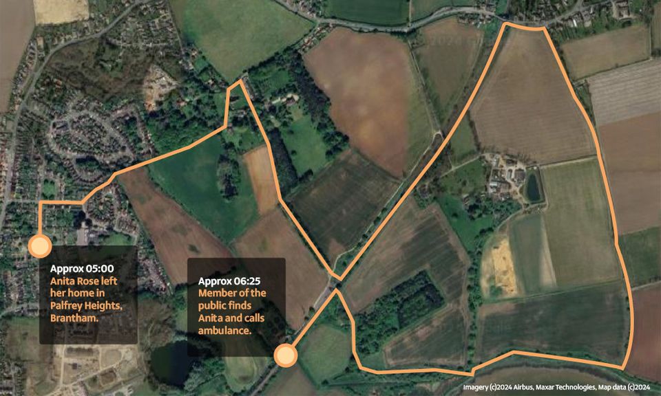 A map showing the route that police believe Anita Rose walked. (Suffolk Police/PA)