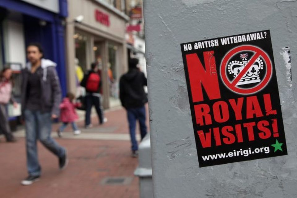 A poster is seen on a lamp post in advance of the Queen and Duke of Edinburgh's visit on May 16, 2011 in Dublin, Ireland.