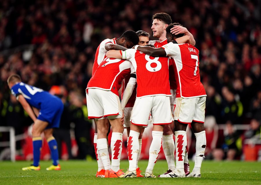 Arsenal’s Kai Havertz celebrates scoring their side’s fourth goal of the game with team-mates during the Premier League win over Chelsea (Zac Goodwin/PA)