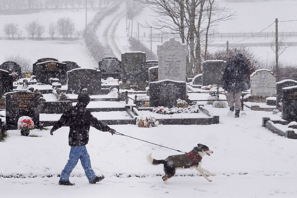 Walkers  threw the Snow on the Outskirts of Armoy in Northern Ireland, as snow fall hits across the country with more expected. Photo Colm Lenaghan/Pacemaker Press