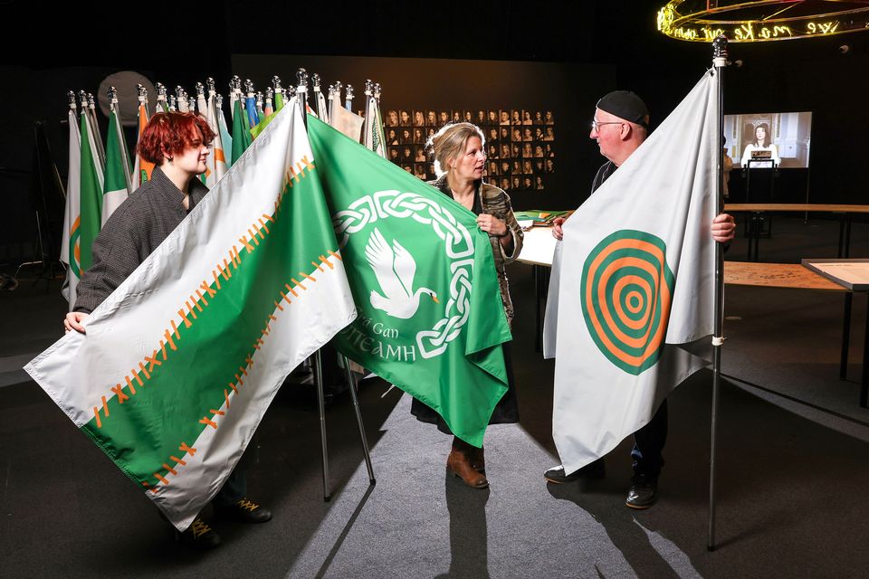 Lenny Sanchez, a TU Dublin Visual Communication student who is from Russia, with the flag he designed as part of the ‘A Flag for Ireland’ workshops led by Anthony Haughey