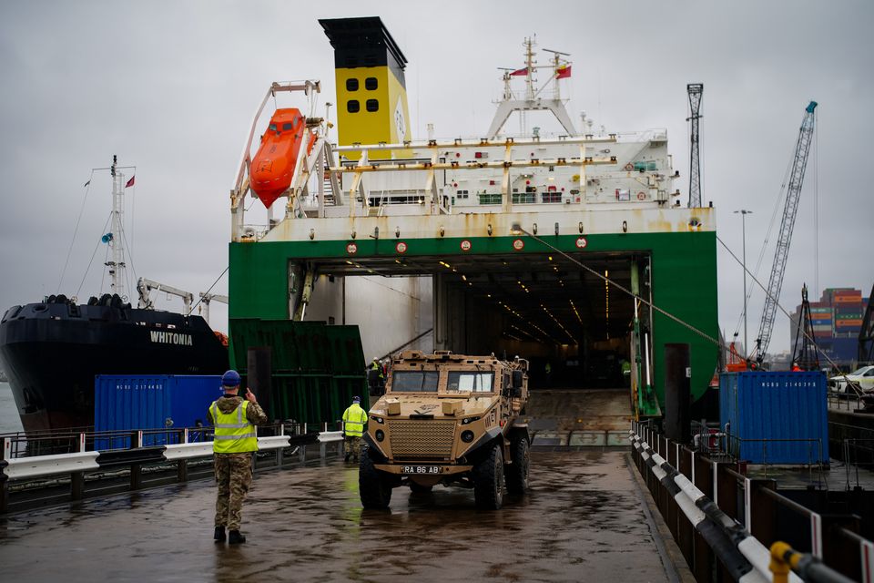 MV Anvil Point as vehicles and equipment are loaded onboard (Ben Birchall/PA)