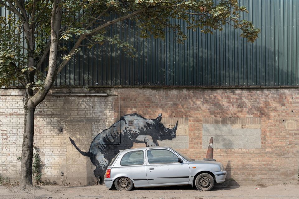 Banksy’s latest artwork depicts a rhinoceros climbing on top of a car (Banksy/PA)