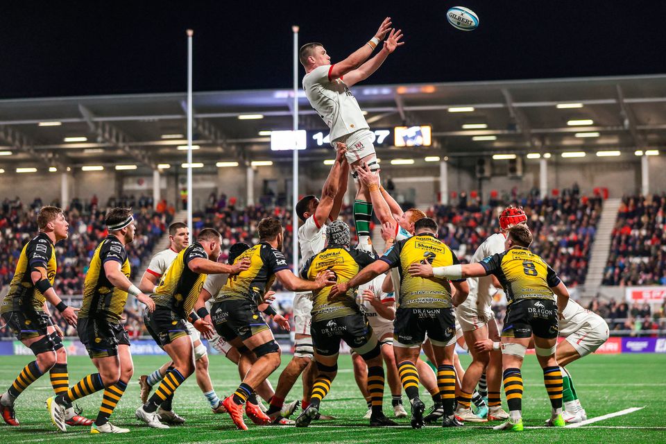 Ulster's Harry Sheridan rises high to claim the ball during the clash with the Dragons at Ravenhill