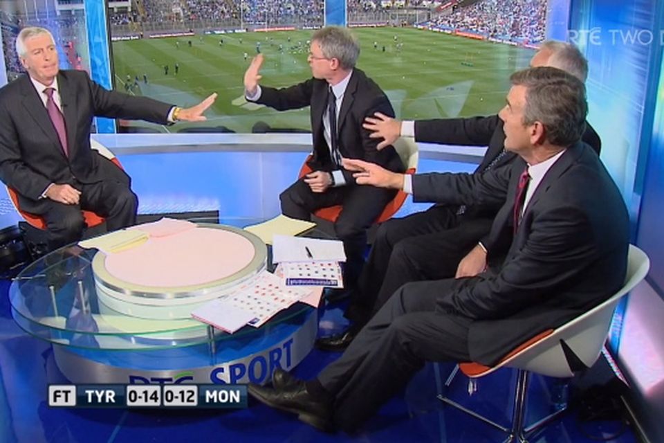 RTÉ Pundit Joe Brolly (second left) speaks passionately about the tactics employed by Tyrone and Sean Kavanagh in their All-Ireland quarter final with Monaghan at Croke Park