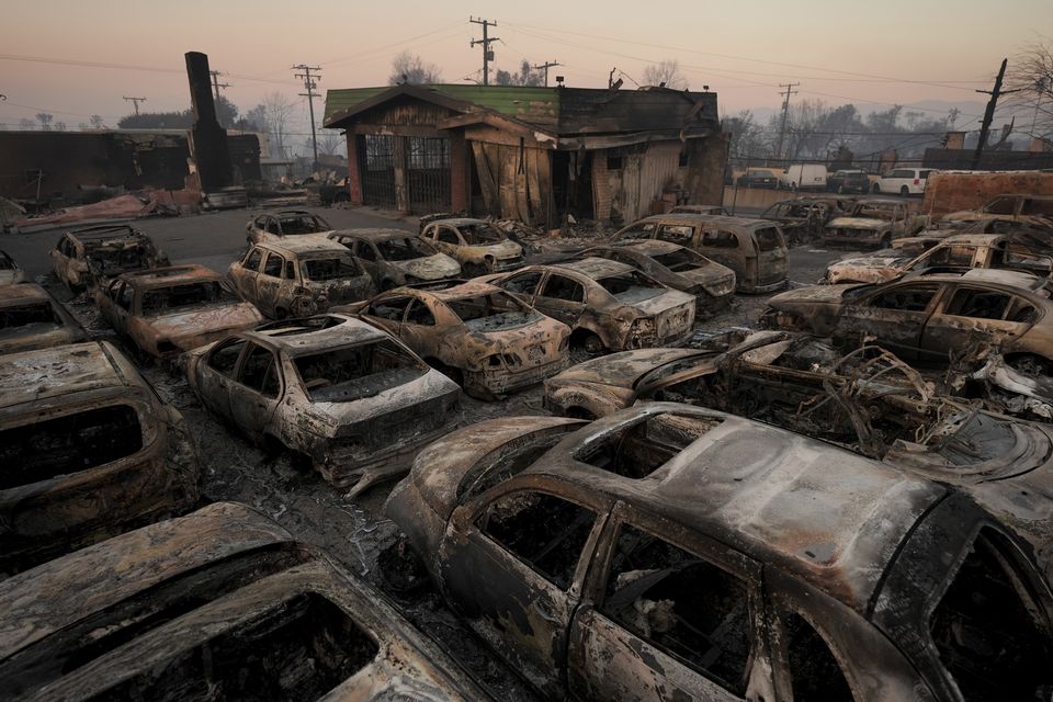 Burned cars inside a dealership in the aftermath of the Eaton Fire in Altadena, California (Jae C Hong/AP)