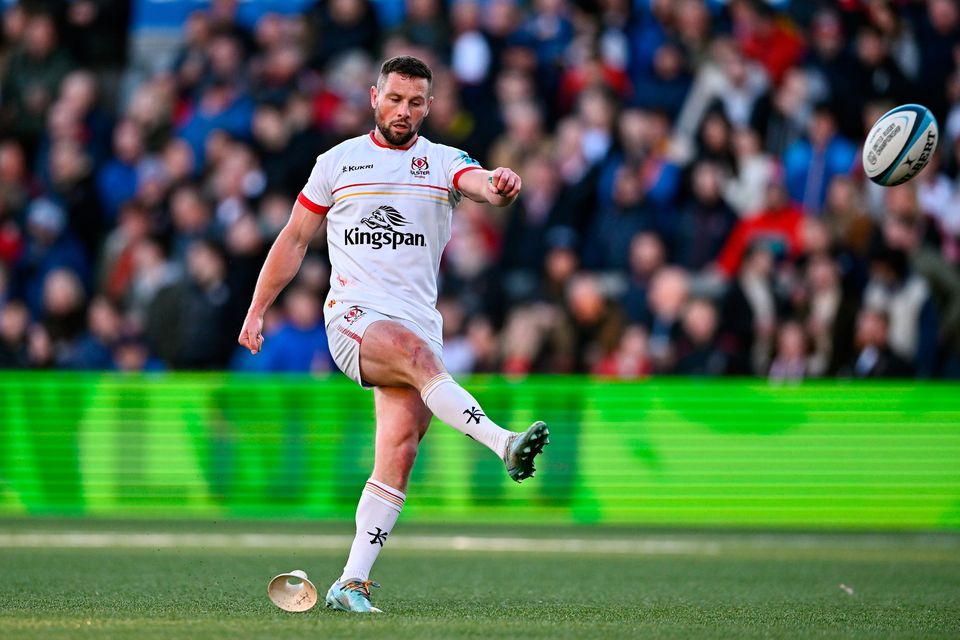 Ulster's John Cooney kicks a conversion during the province's victory over Benetton at Ravenhill