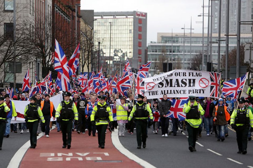 Loyalist protestors converge on Belfast City Hall. Picture date: Saturday January 5, 2013