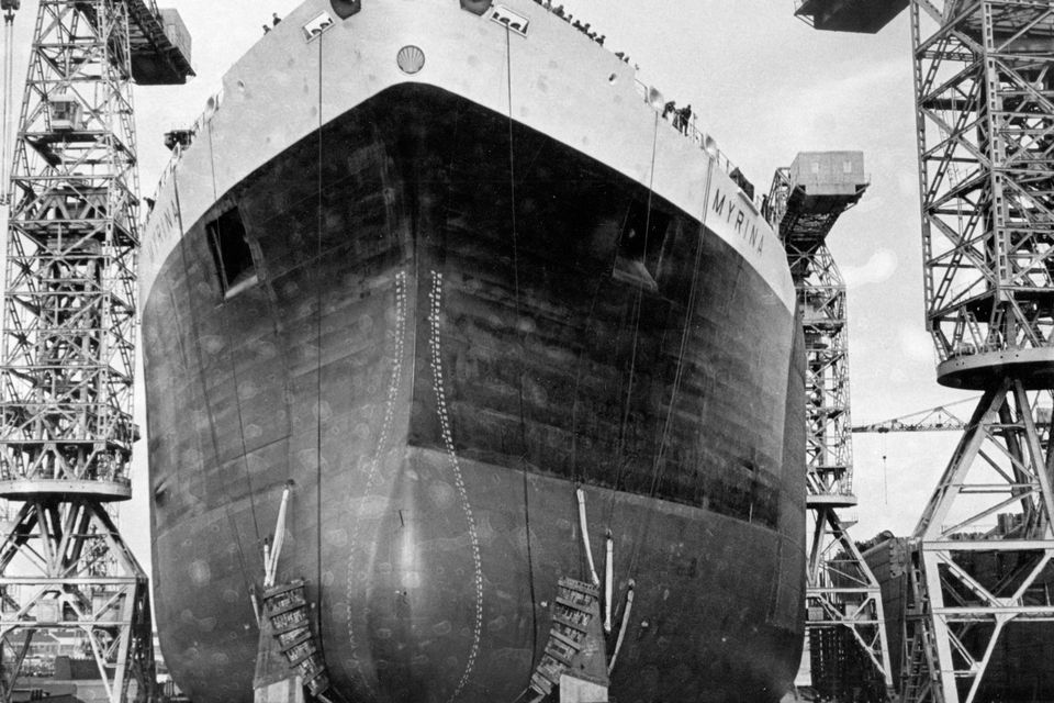The Myrina glides down the slipway at Harland & Wolff, after her launch.  6/9/1967