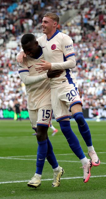 Chelsea’s Cole Palmer celebrates scoring their side’s third goal of the game with Nicolas Jackson (Ben Whitley, PA)