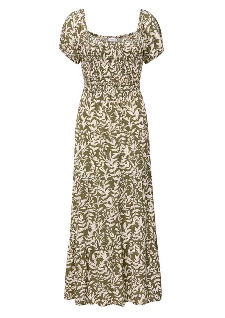 Shirred Bodice Maxi Dress Mid Khaki Leaf, £49, Cotton Traders
