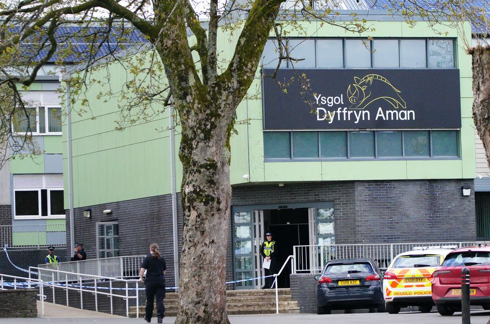 Police at Amman Valley school, in Ammanford, Carmarthenshire in April 2024 (Ben Birchall/PA)