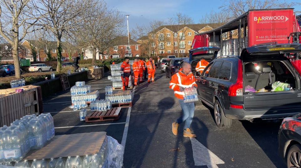 A bottle distribution centre was set up at Asda in Totton as thousands across Hampshire were left without water after a Southern Water fault (Ben Mitchell/PA)