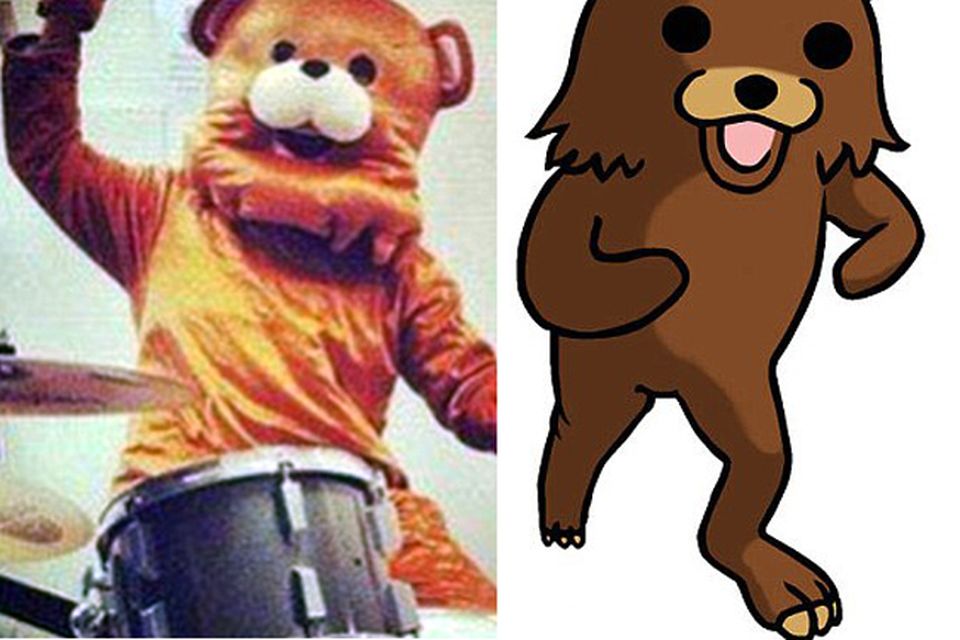Kit Kat image of man in bear costume (left) resembling Pedobear (right)
