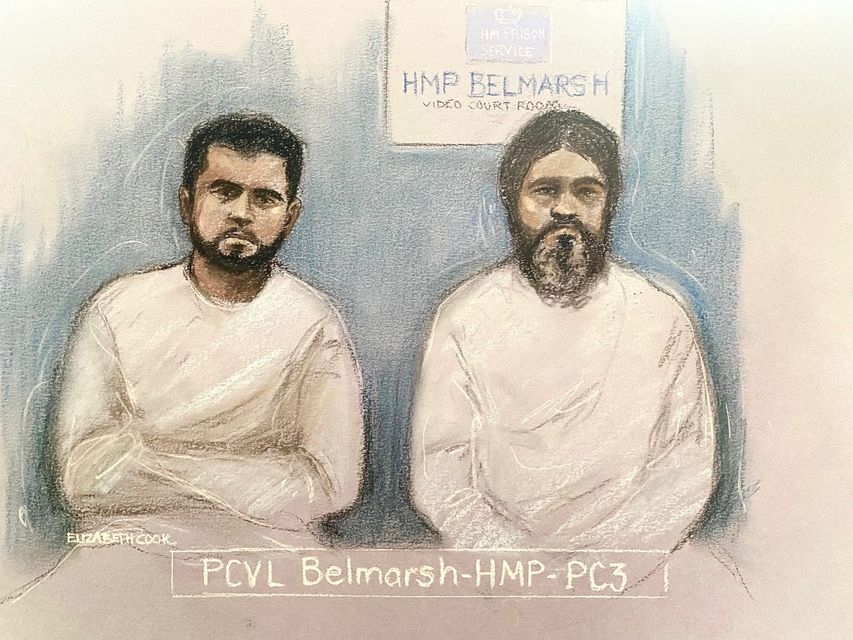 Court artist sketch of Sara Sharif’s father Urfan Sharif (right) and her uncle Faisal Malik appearing via video-link from Belmarsh prison at the Old Bailey (Elizabeth Cook/PA)