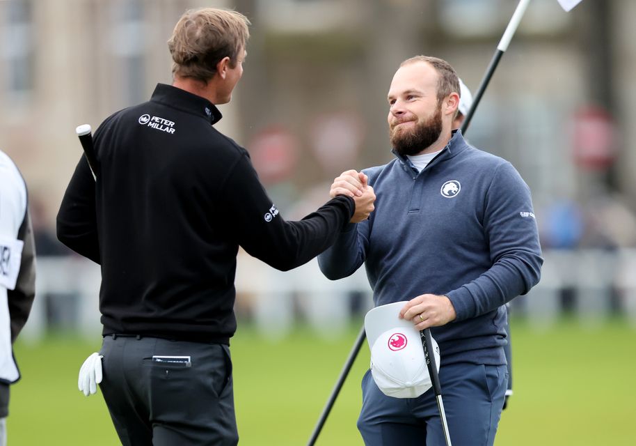 Hatton (right) shook hands with Colsaerts after his winning putt on the 18th green in the Alfred Dunhill Links Championship (Robert Perry/PA)