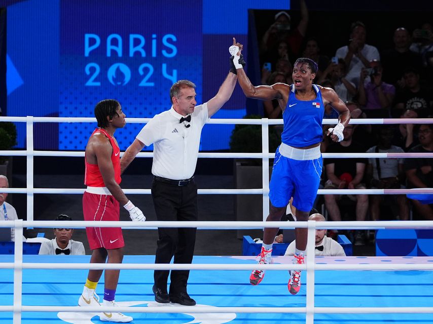 Panama’s Atheyna Bibeichi Bylon (right) celebrates victory over Cindy Ngamba (Peter Byrne/PA)