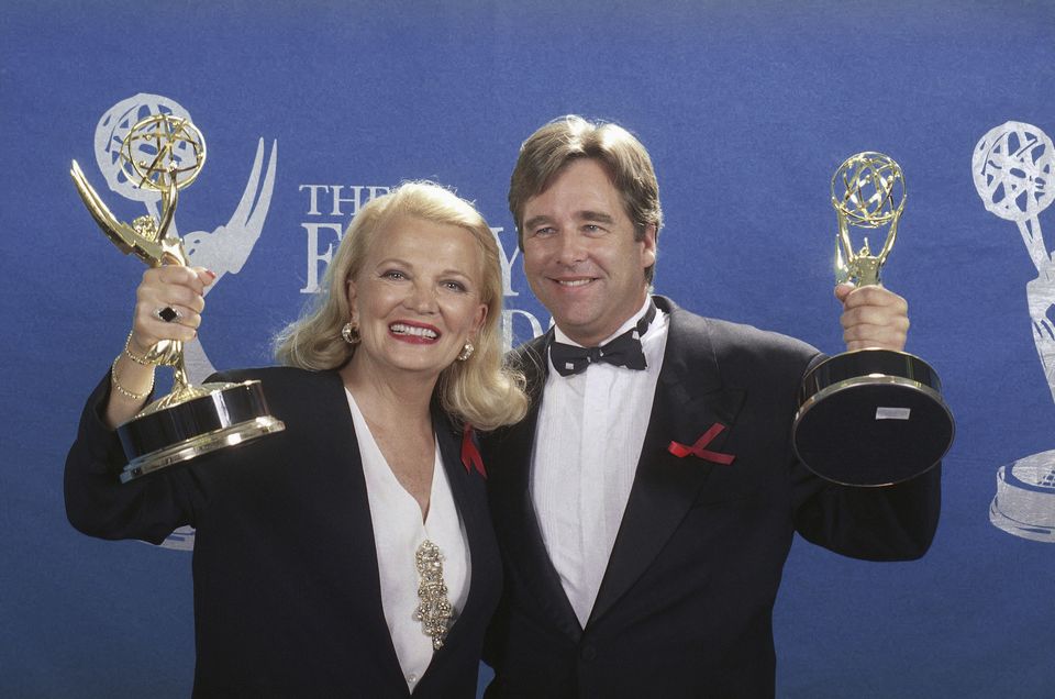 Gena Rowlands and actor Beau Bridges hold up their Emmys in 1992 (Douglas C Pizac/AP)