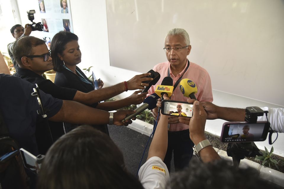 Mauritian Prime Minister Pravind Jagnauth speaks to the press in Port Louis on Monday as he concedes defeat in the election (La Sentinelle/AP)