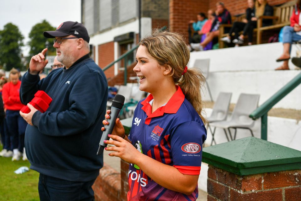 Waringstown captain Sophie Hinds speaks following her side's Cup victory over Holywood at Wallace Park