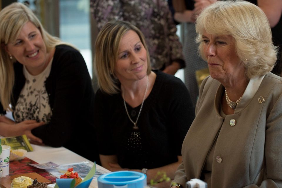 BELFAST, NORTHERN IRELAND - MAY 21:  Patron of The Big Lunch Camilla, Duchess of Cornwall reacts as she attends a reception for supporters of the community initiative on May 21, 2015 in Belfast, Northern Ireland. Prince Charles, Prince of Wales and Camilla, Duchess of Cornwall will attend a series of engagements in Northern Ireland following their two day visit in the Republic of Ireland.  (Photo by Arthur Edwards  - WPA Pool/Getty Images)