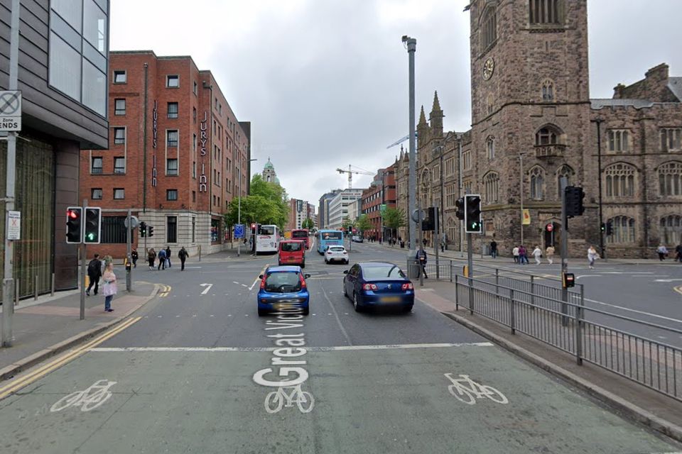 The left turn from Great Victoria Street onto the Grosvenor Road has been removed.