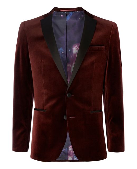 Wine slim fit velvet jacket with contrast satin lapel, £159