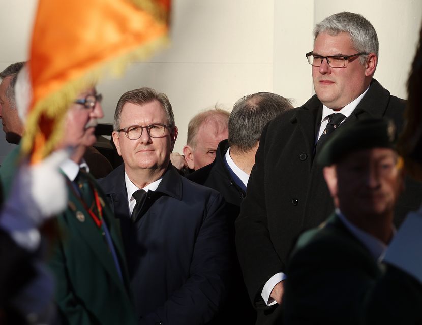 DUP leader Sir Jeffrey Donaldson and Gavin Robinson MP attending Mr Hilditch's funeral. Pic: Jonathan Porter/PressEye