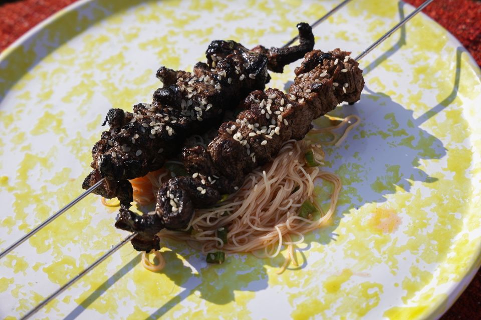 Skewered Beef on Noodle Nests Recipe