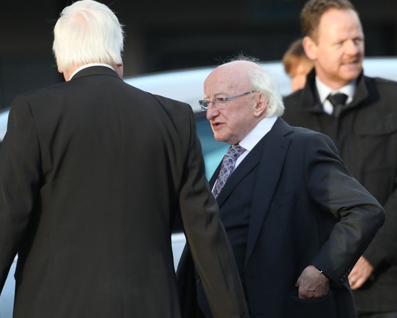 Irish President Michael D Higgins arrives for the funeral of former Mayor of Belfast Dr Ian Adamson at Conlig Presbyterian church. Pic by Peter Morrison