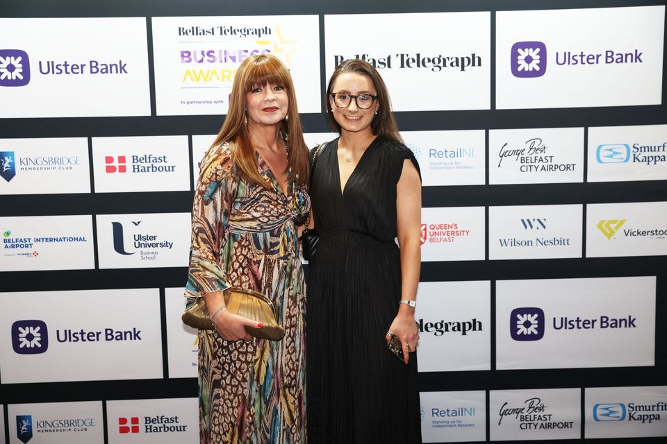 Sasha Geoffrey and Alice Byrne attending the Belfast Telegraph Business Awards 2024 at the Crowne Plaza, Tuesday, May 2, 2024.  Picture by Peter Morrison