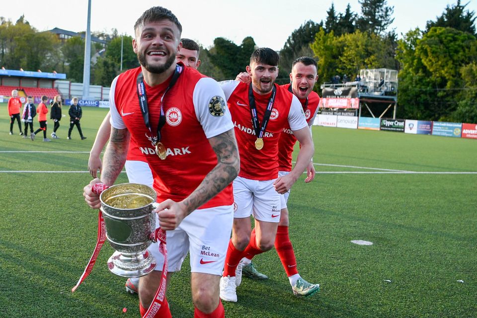 Scottish striker Andy Ryan leads the celebrations after Larne got their hands on their second Gibson Cup
