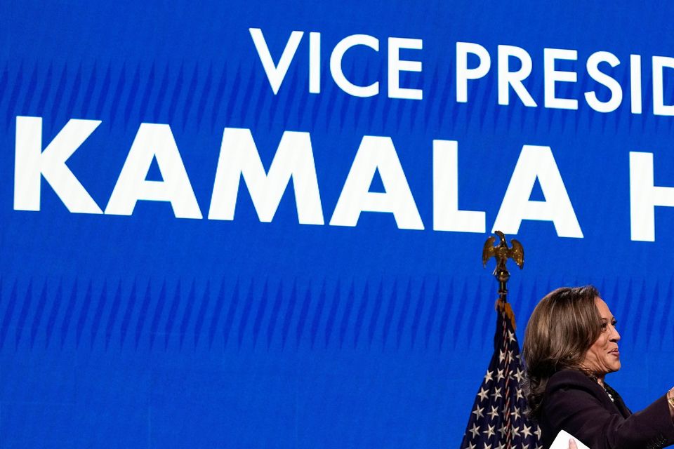 Vice president Kamala Harris is introduced by Brittany Shoup, right, during the American Federation of Teachers’ 88th national convention (Tony Gutierrez/AP)