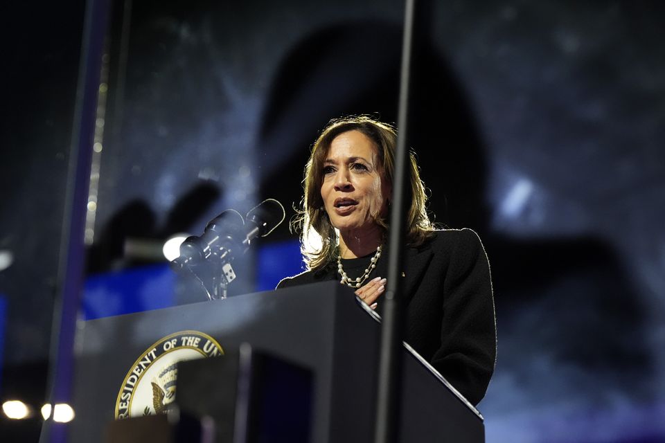 Democratic presidential nominee Vice President Kamala Harris speaks during a campaign rally outside the Philadelphia Museum of Art (Jacquelyn Martin/AP)