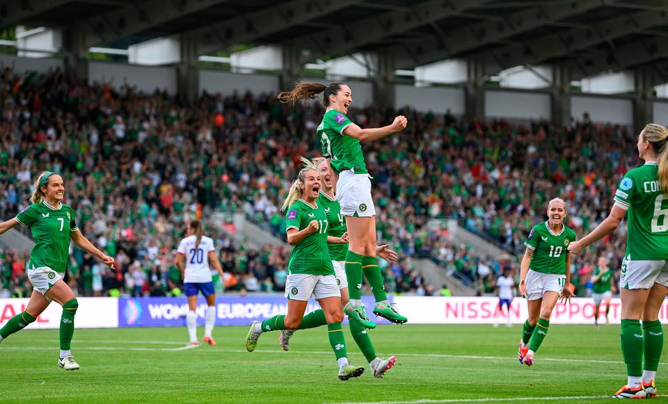 The Republic of Ireland's Anna Patten celebrates with her team-mates after scoring against France