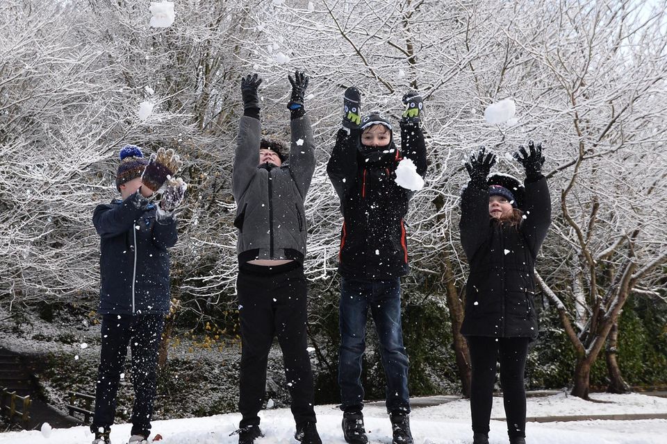 Pacemaker Press 08/12/2017
Children Ruben and Zara McGlinchey , Nathan McCann and Shea McLaughlin enjoying the snow   in Crumlin , as heavy snow falls across  Northern Ireland on Friday morning, leaving difficult driving conditions for motorists and some schools closed.
Pic Colm Lenaghan/ Pacemaker