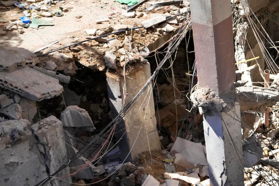 The rubble of a building at the site of Friday’s Israeli strike in Beirut’s southern suburbs, Lebanon (Hassan Ammar/AP)