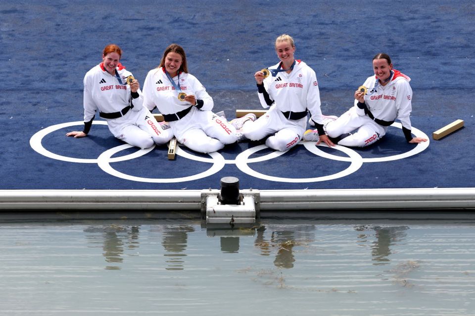 Hannah Scott (second right) with her team-mates Lauren Henry, Lola Anderson and Georgina Brayshaw after winning gold in the Rowing Women's Quadruple Sculls (Photo by Francois Nel/Getty Images)