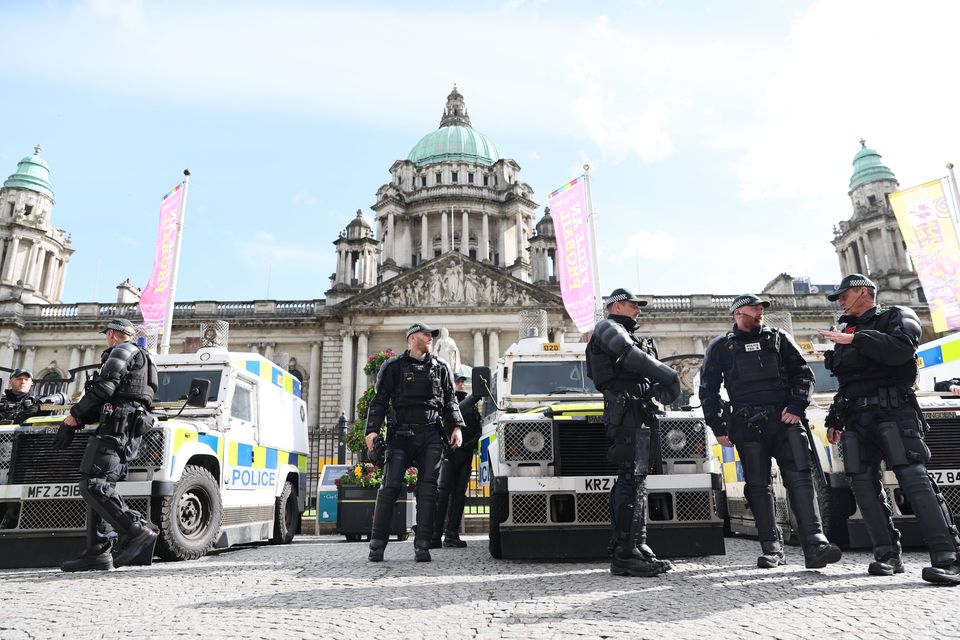 Police at City Hall on Friday as two demonstrations took place (Photo by Kevin Scott)