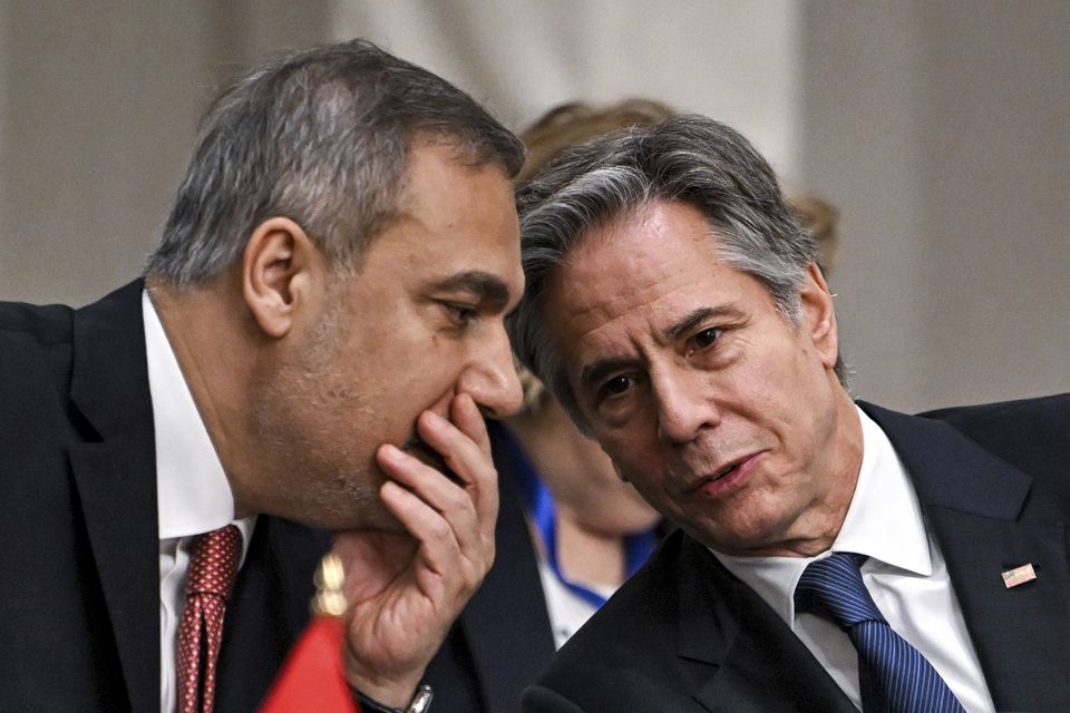 Turkey’s Foreign Minister Hakan Fidan also attended (Pool via AP)