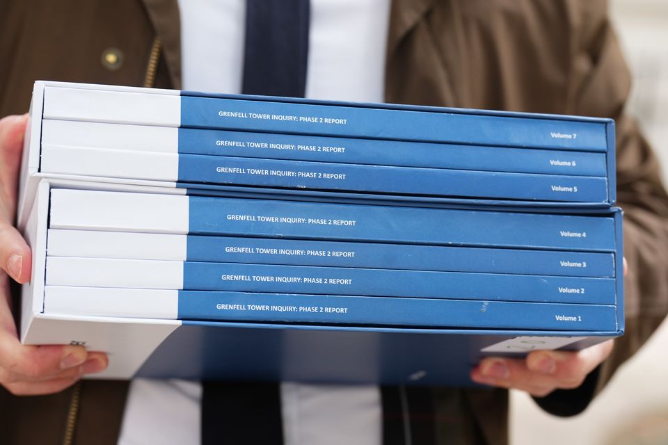 The final report published by the Grenfell Tower Inquiry, photographed outside Dorland House in London (James Manning/PA)