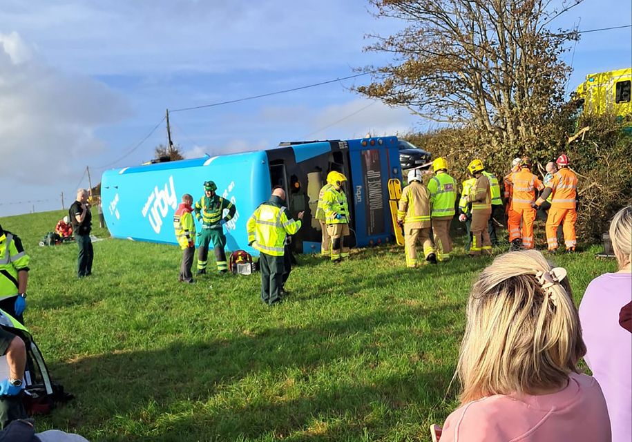 The double-decker school bus that crashed in Carrowdore, Co Down. Pic: Press Eye.