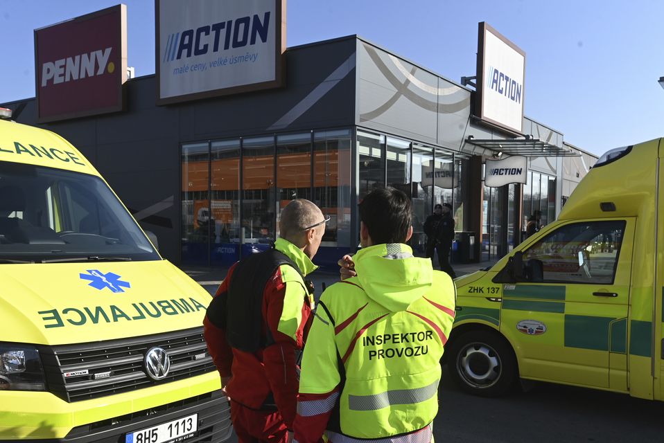 Police and ambulances attended the scene at the shopping centre in Hradec Kralove (Josef Costarek/CTK via AP)