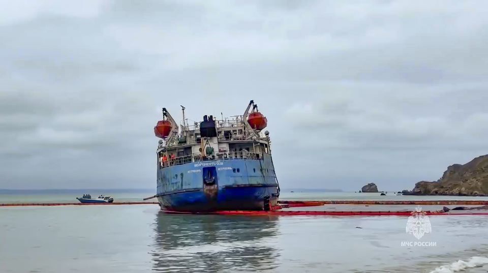 The damaged Volgoneft-239 tanker near the port of Taman (Russian Emergency Ministry Press Service via AP)