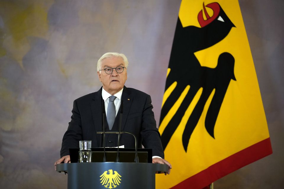 German President Frank-Walter Steinmeier announces the decision to dissolve the Bundestag and schedule a new election for February 23 (Ebrahim Noroozi/AP)