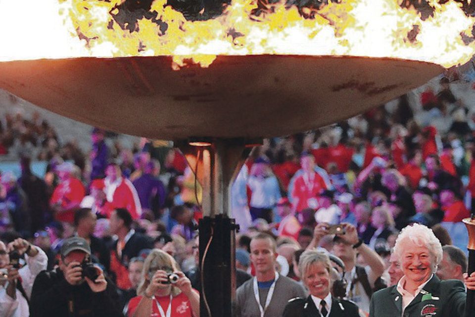 2013 World Police and Fire Games Opening Ceremony at the Kings Hall Complex Belfast. Dame Mary Peters lights the cauldron.