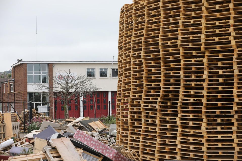 Blaze danger: the huge bonfire that has been built close to a fire station in Co Down