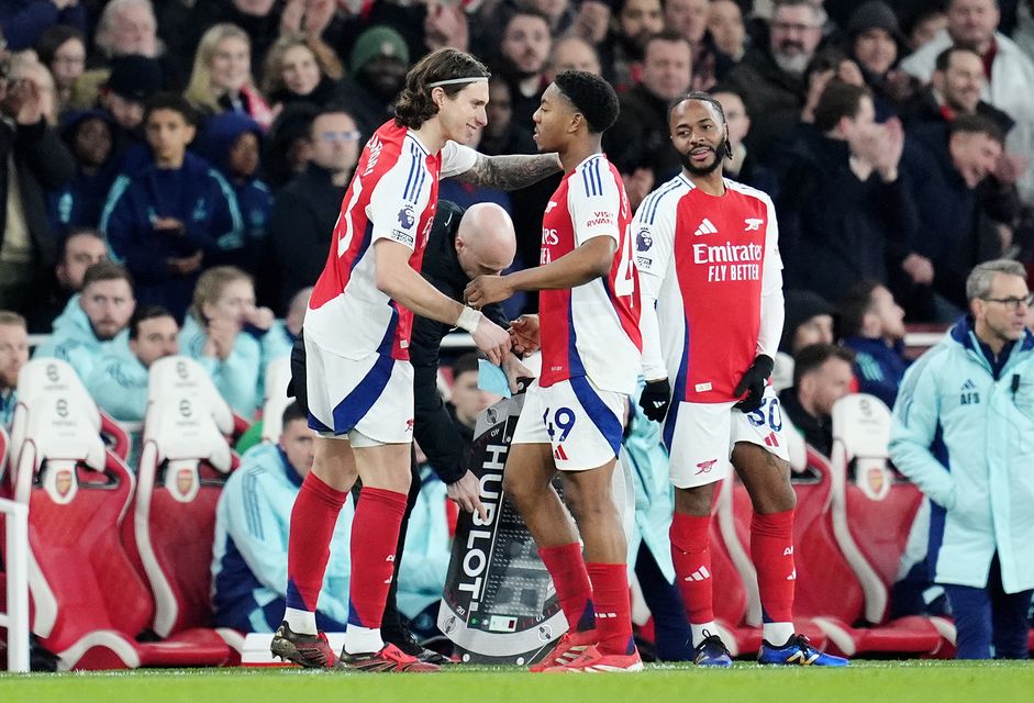 Myles Lewis-Skelly was given a standing ovation when he was replaced by Riccardo Calafiori in the closing stages at the Emirates (Adam Davy/PA)